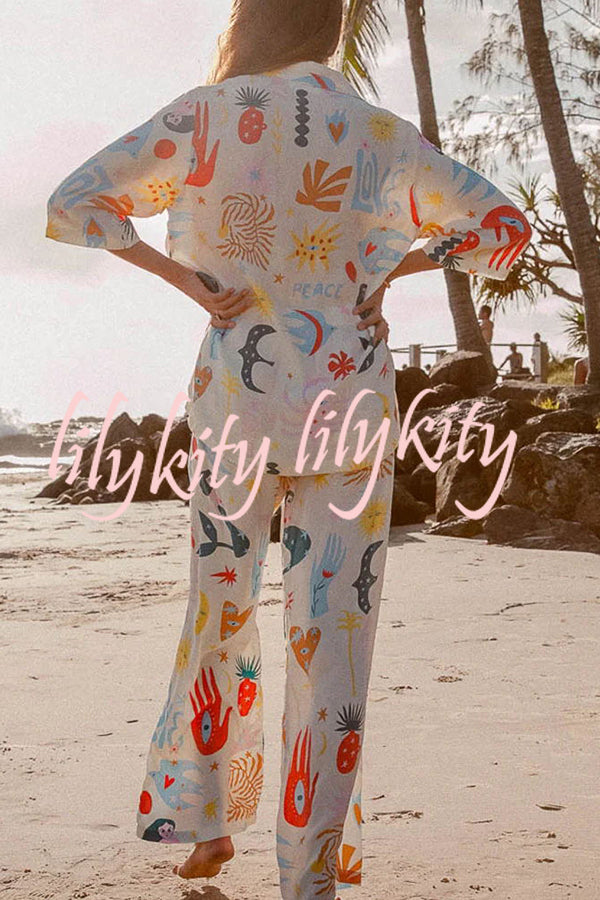 Abstract Sea Creature Print Button Pockets Elastic Waist Pant Suit