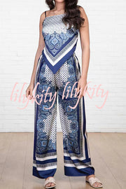 Unique Printed Sling Backless Strappy Top and Elastic Waisted Loose Pants Set