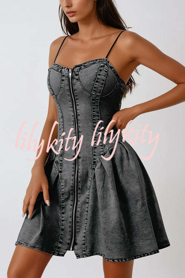 Fashionable Patchwork Suspender Zipper Slim Denim Mini Dress