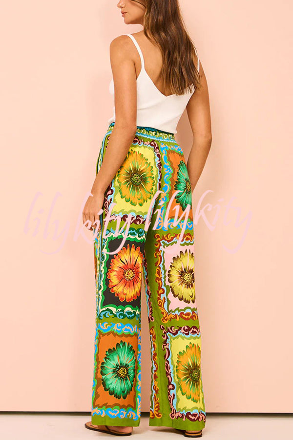 Disco Daisy Unique Printed Colorblock Elastic Waist Pocket Pants Set