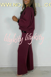 Fashion Contrast Color V-neck Loose Cardigan and Elastic Waist Casual Pants Set