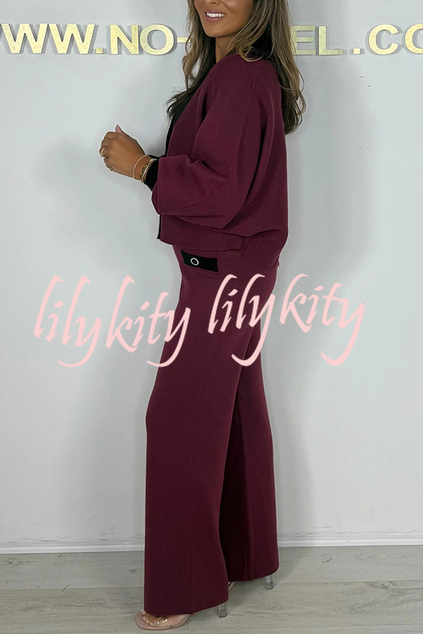 Fashion Contrast Color V-neck Loose Cardigan and Elastic Waist Casual Pants Set