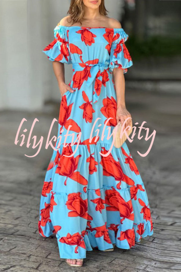 Floral Print Waist Belted Slim Fit Off The Shoulder Maxi Dress