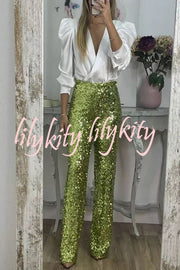 Glitzy Glamour Sequin High Rise Elastic Waist Wide Leg Pants