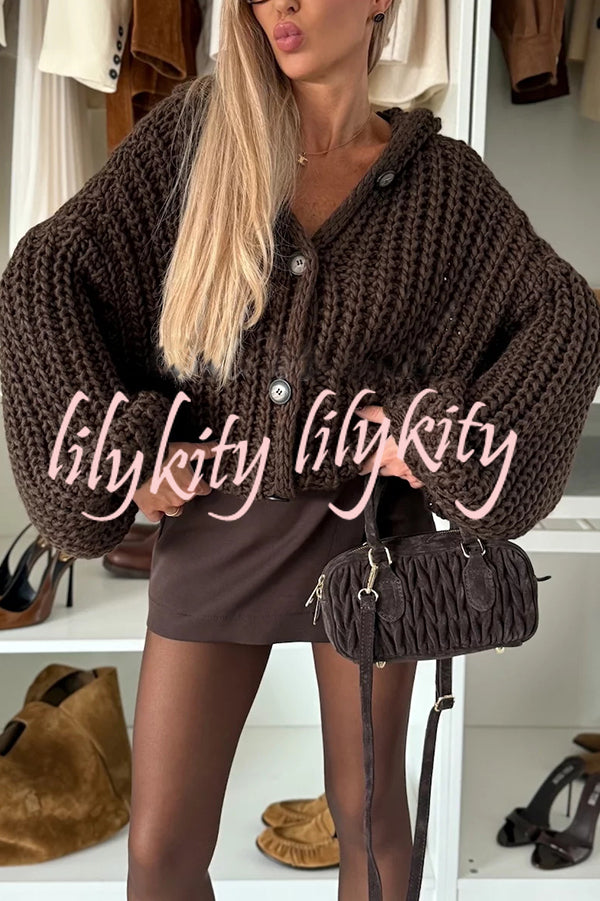 Warm Day Knit Button Up Long Balloon Sleeve Hooded Loose Cardigan