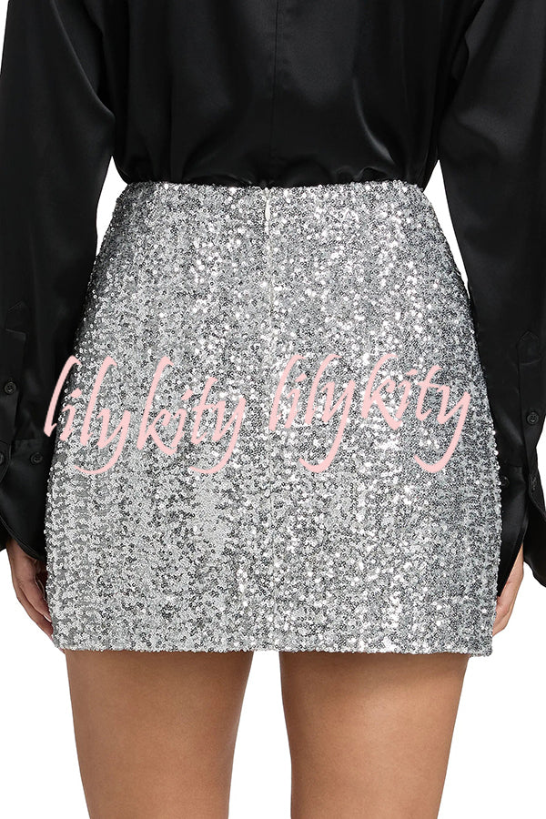 Holiday Party Sequin Velvet Bow Detail High Rise Stretch Mini Skirt