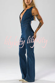 Fashionable Heart Hollow Back Slim High Waist Flared Denim Jumpsuit