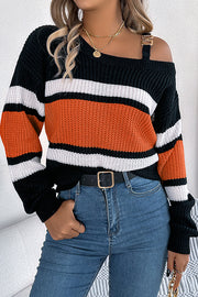 Striped Contrasting Metal Buckle Loose Long-sleeved Knitted Sweater