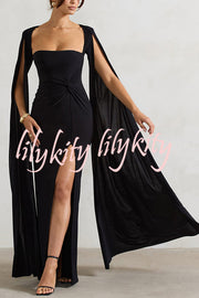 Elegant Goddess Square Neck Twisted Cape Sleeve Slit Maxi Dress