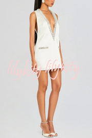 Elegant Demeanor Satin Gemstone Trim Deep V-Neck Tank H-line Mini Dress