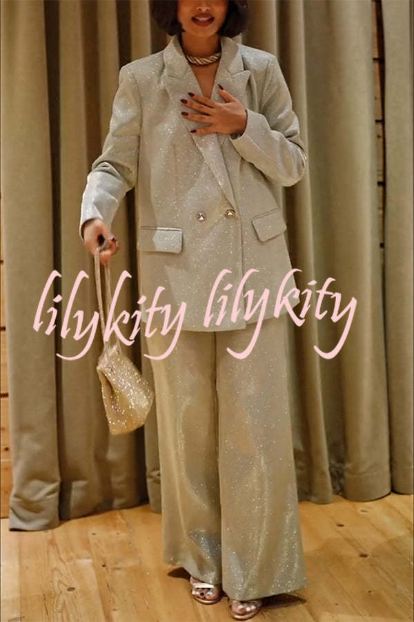 Holiday Queen Glitter Fabric Lapel Boyfriend Blazer and Pocketed Wide Leg Pants Set