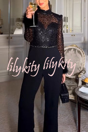 Aerie Sequin Embellished Mock Neck Long Sleeve Feather Cuff Flare Jumpsuit