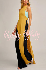 Fashionable Contrast Color Stitching Sleeveless Slim Maxi Dress