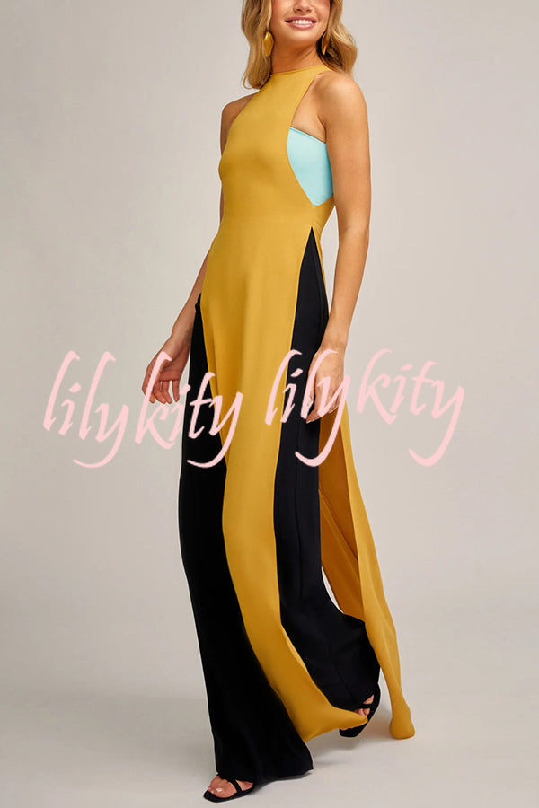 Fashionable Contrast Color Stitching Sleeveless Slim Maxi Dress