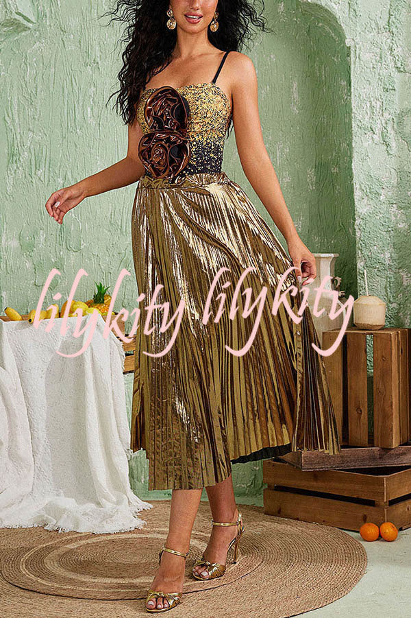 Fashion Metallic Fabric Elastic Waist Beach Midi Skirt