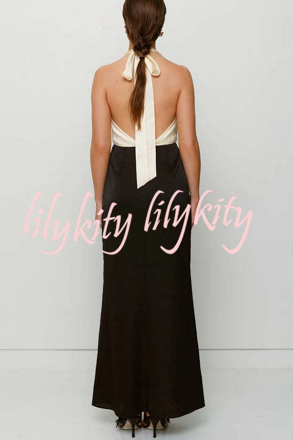 Like A Gem Satin Colorblock Halter Backless Party Maxi Dress