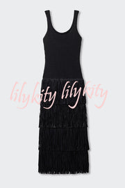 Solid Color Sleeveless Slim Fit Fringed Hem Knitted Midi Dress