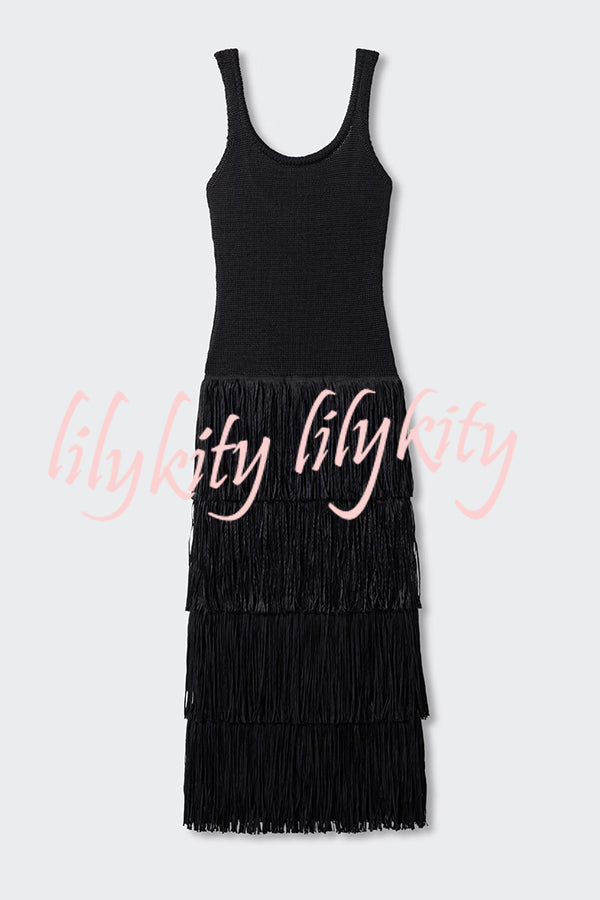 Solid Color Sleeveless Slim Fit Fringed Hem Knitted Midi Dress