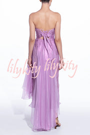 Julie Tulle Lace Trim Off Shoulder Ruched Back Lace-up Drape Slit Maxi Dress