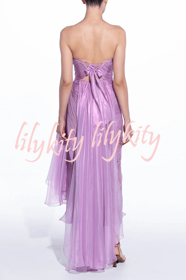 Julie Tulle Lace Trim Off Shoulder Ruched Back Lace-up Drape Slit Maxi Dress