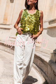 Fashionable Sequined Round Neck Sleeveless Loose Vest