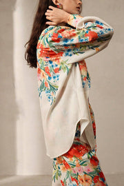 Floral Print Lapel Long Sleeve Shirt and Elastic Waist Pocket Casual Wide Leg Pants Set