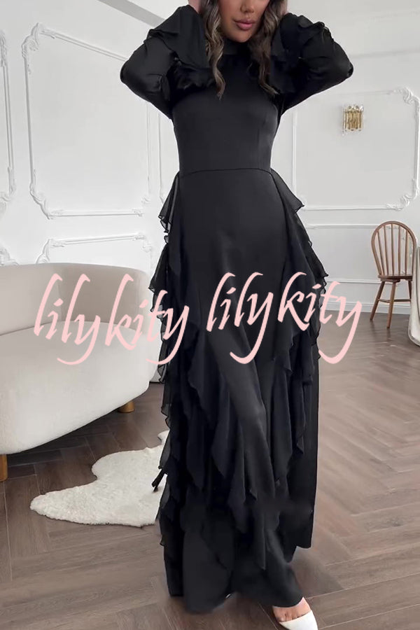 Cline Solid Color High Neck Long Sleeve Elegant Ruffles Maxi Dress