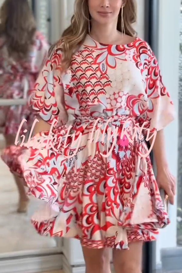 Unique Printed Round Neck Short Sleeve Waist Tie Vacation Mini Dress