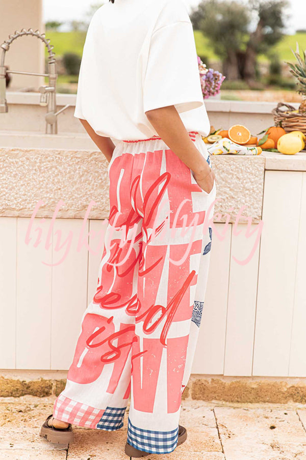 Unique Printed Elastic Waist Pocket Vacation Casual Wide Leg Pants