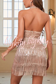 Dance Floor Focus Sequin Cut Out Fringe Trim Backless Halter Mini Dress