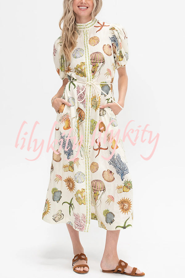 Beach Shell Print Puff Sleeve Tie-Waist Casual Midi Dress