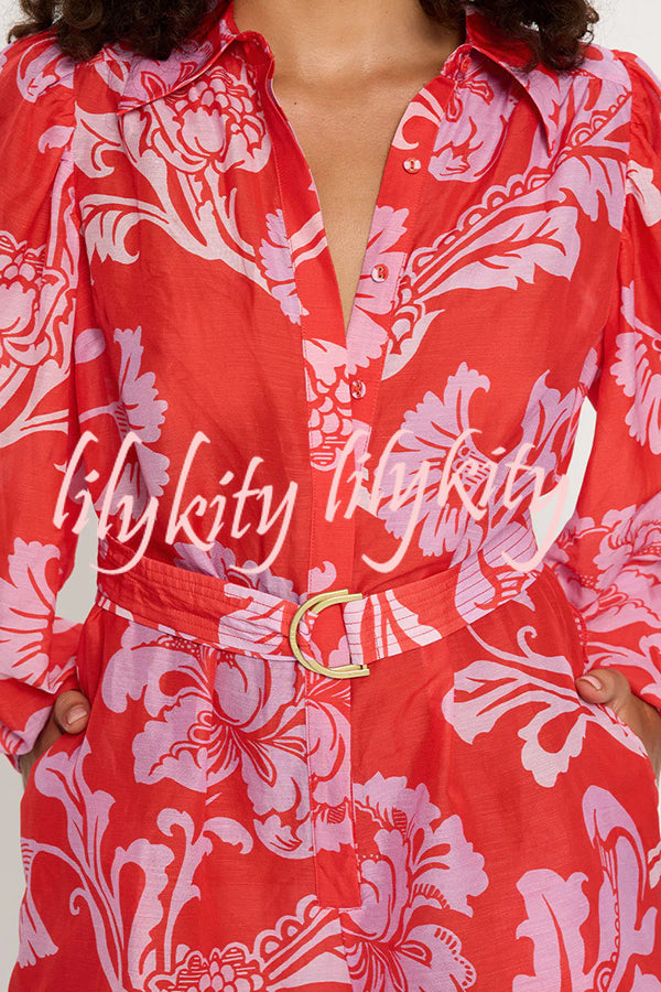 Linen Blend Botanical Print Lapel Puff Sleeve Loose Tie Casual Rompers