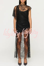 Romantic Statement Lace One Shoulder Bell Sleeve Asymmetrical Maxi Dress