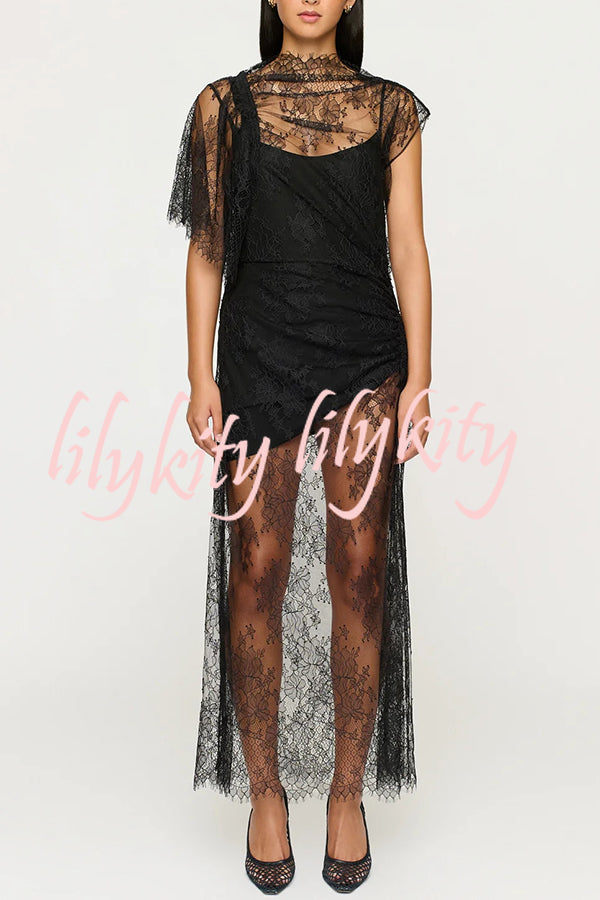 Romantic Statement Lace One Shoulder Bell Sleeve Asymmetrical Maxi Dress