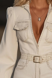 Stylish Long-sleeved Fitted Waist Fringed Hem Denim-style Mini Dress