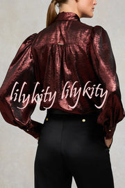 Ariella Metallic Satin Fabric Tie-up Bow Neck Long Sleeve Blouse