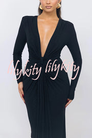 Solid Color Shiny Sexy V-neck Long Sleeve Ribbon Slit Slim Fit Maxi Dress