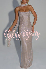 Mirabella Sequin Pleated Cowl Scooped Neckline Back Lace-up Strapless Maxi Dress