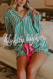 Merry and Bright Satin Striped Color-block Trim Loose Shirt and Elastic Waist Pocket Pajama Set
