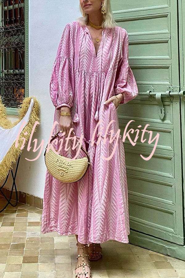 Marrakech Stories Linen Blend Printed Balloon Sleeve Pocketed A-line Midi Dress