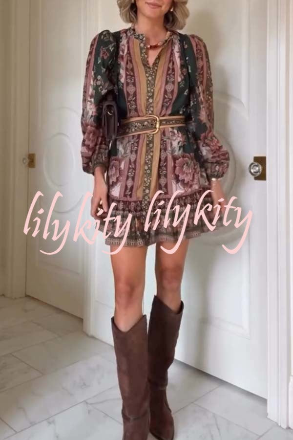 Brazilian Style Unique Floral Print Puff Sleeve Belted Pleated Hem Mini Dress