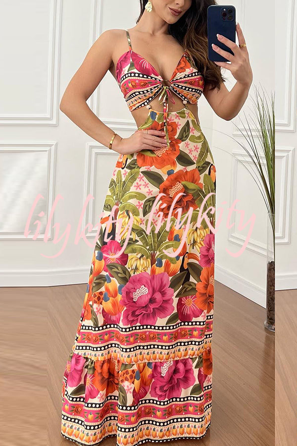 Mexico Style Tropical Print Ring Cutout Lace-up Vacation Maxi Dress