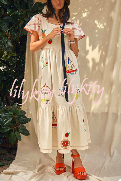 Summer Resort Printed Round Neck Bell Sleeve Maxi Dress