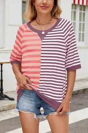 Striped Color Block Print Crew Neck Short Sleeve Loose Top