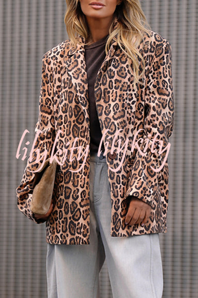 Catwalk Leopard Single Button Long Sleeve Pocketed Lapel Boyfriend Blazer