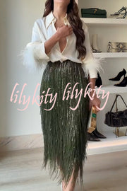 Party Crasher Layered Sequined Tassels High Rise Back Zipper Midi Skirt