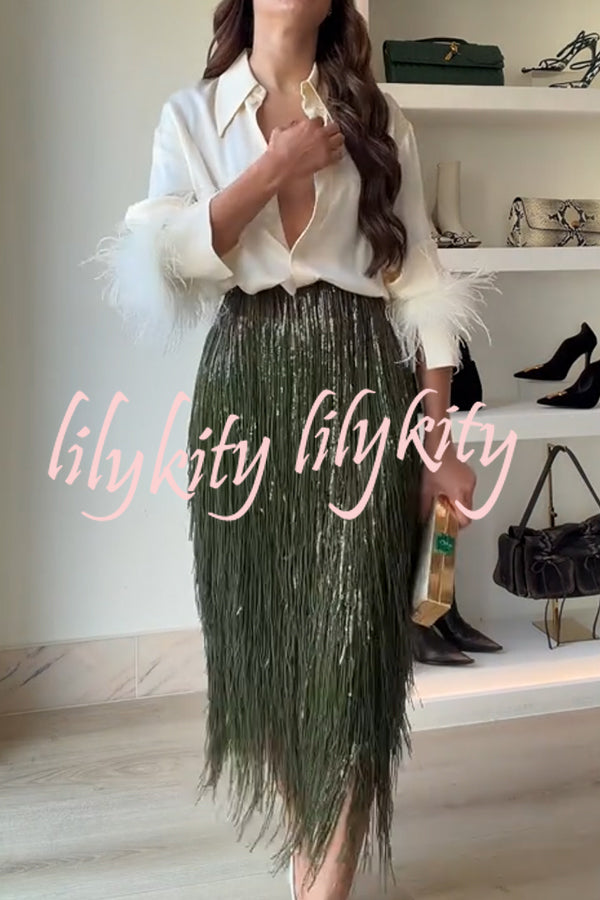 Party Crasher Layered Sequined Tassels High Rise Back Zipper Midi Skirt