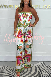 Parrot Satin Unique Print Scarf Tank and Elastic Waist Wide Leg Pants Set