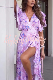 Unique Printed V-neck Ruffled Loose Midi Dress