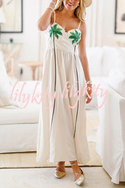 Coconut Tree Print Suspender Backless Large Hem Maxi Dress